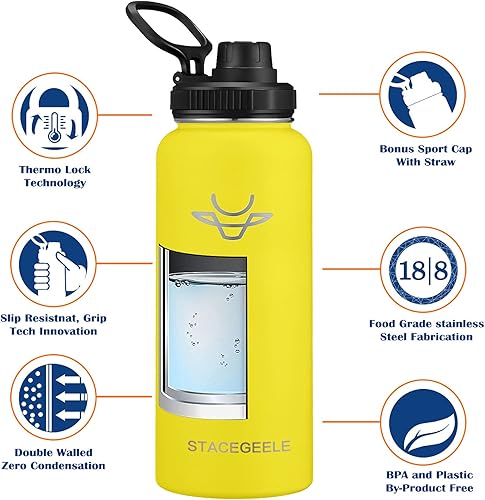 Miniatura 2 de STACEGEELE Botella de agua aislada al vacío con tapa de boquilla y rosca en la parte superior, termo de acero inoxidable para niños, a prueba de