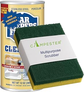 Campester Multipurpose Scrubber bundle for Bar Keepers Powder Cleanser 12 oz. Stain Rust Remover. Bathroom, Kitchen Cleaner, Stainless Steel, Aluminum, Brass, Tile, Ceramic, Porcelain