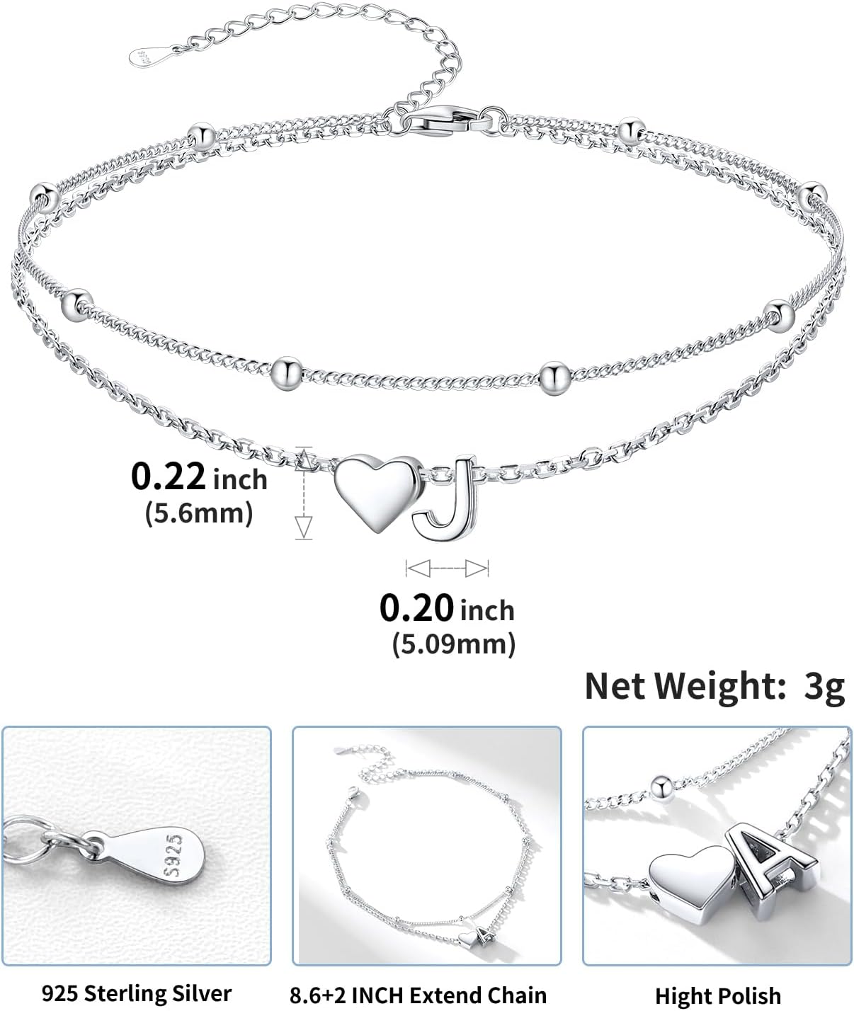 SILVERCUTE Silver Anklets for Women, Waterproof Initial Heart Ankle Bracelets Sterling Silver, Adjustable Layered Foot Jewelry Summer Beach Fashion with Personalized Name Design, Gift Package - Image 5