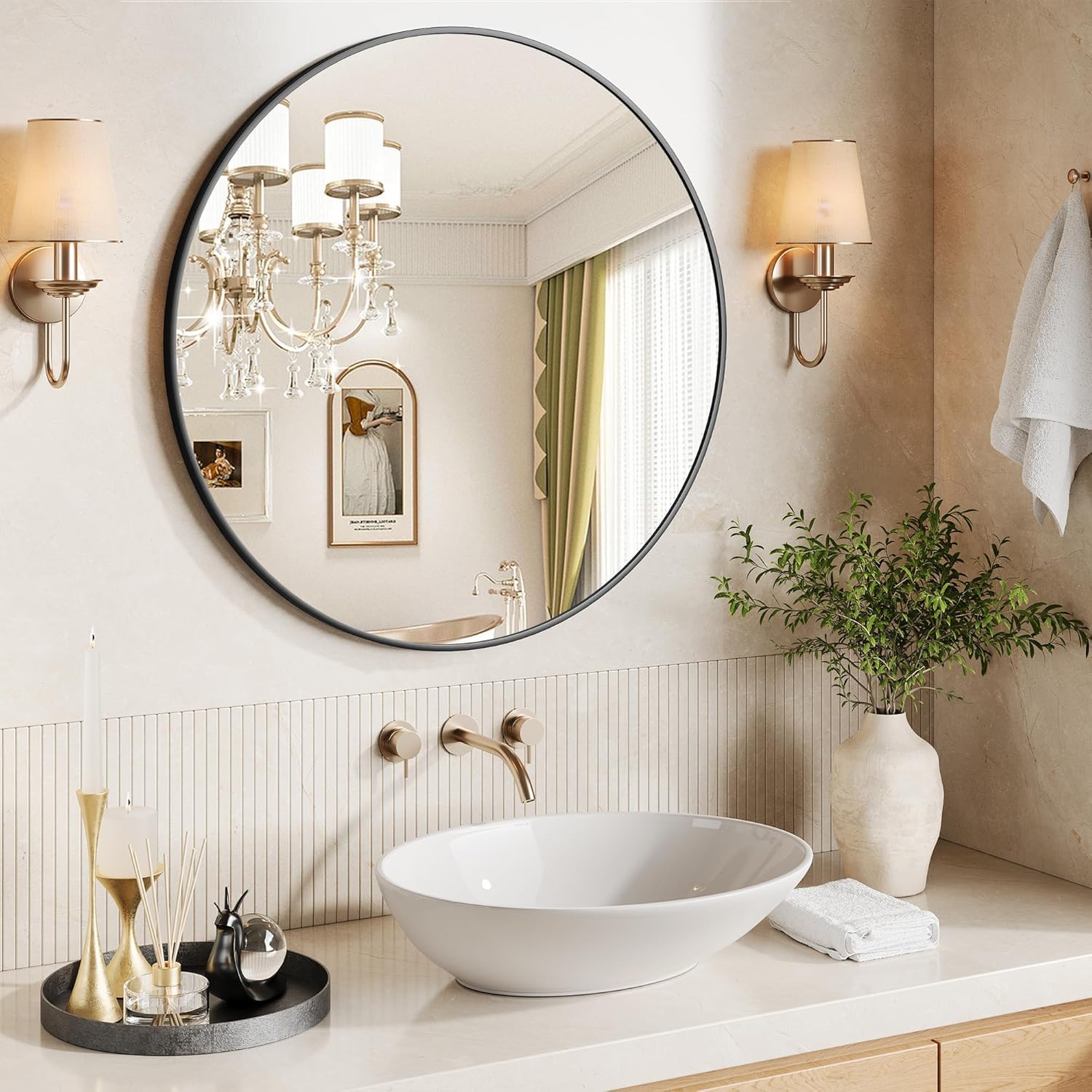 Mobeneno 76cm Black Round Mirror Circle Mirror with 20mm Aluminum Frame Wall Mounted Vanity Mirror for Entryway Hallway Bedroom Living Room Decor Easy to Install