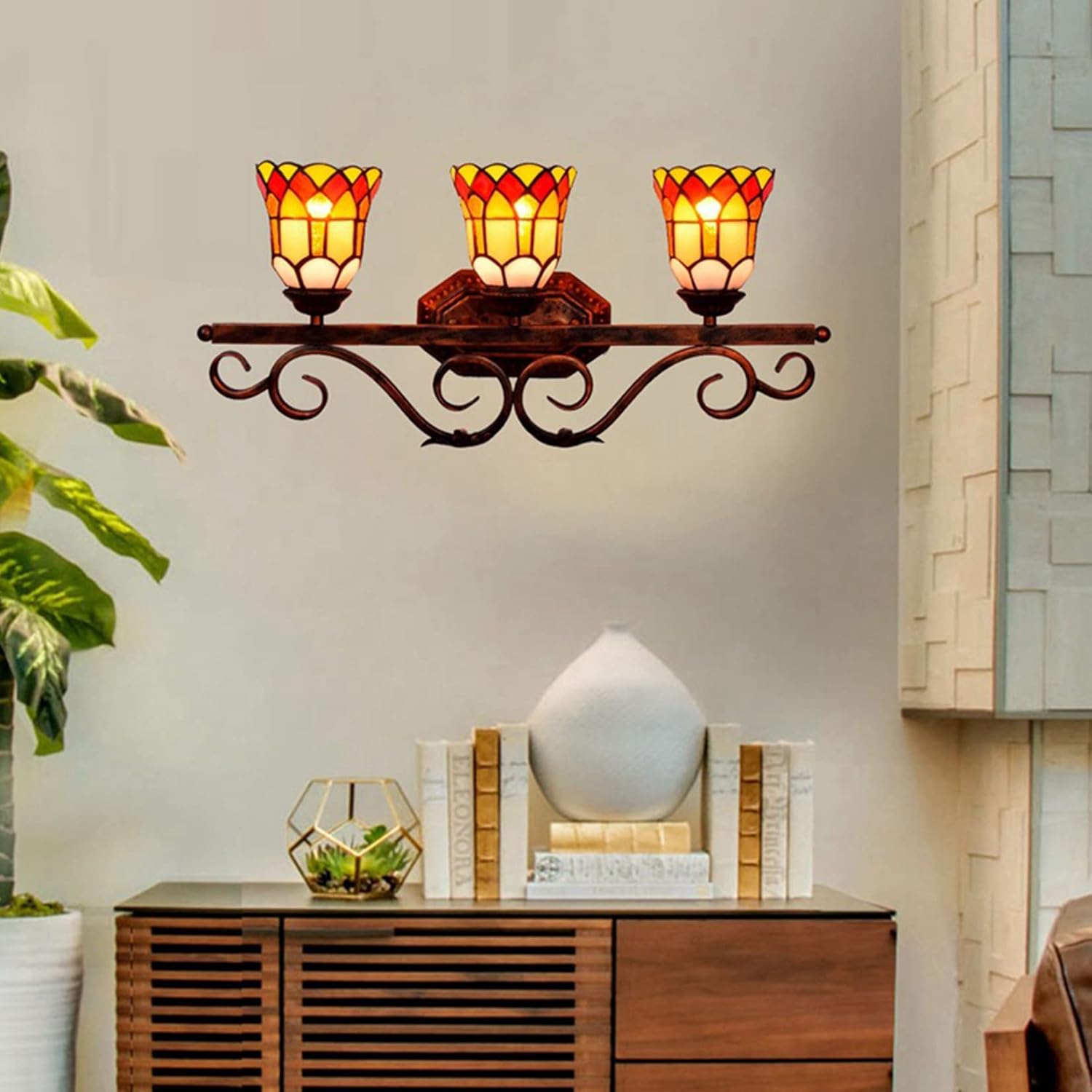 3 Light Bathroom Vanity Light,Tiffany Wall Light,Bathroom Light Fixtures Over Mirror, Stained Glass Wall Mount Light Vintage Wall Sconces Lamp for Foyer Bedroom Hotel Powder Room,Flower