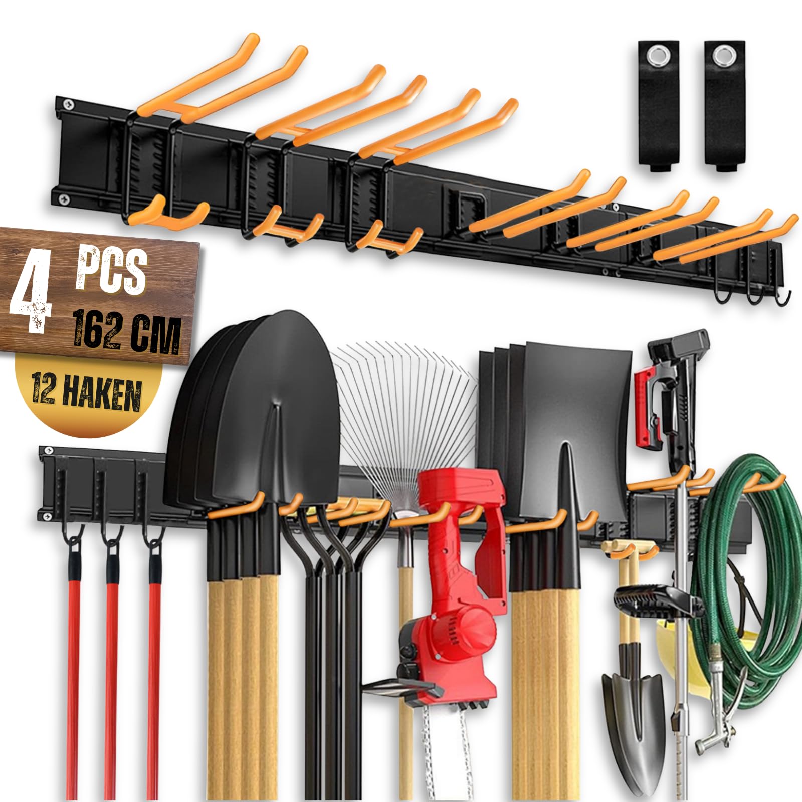 Organizador de Garaje con 4 Guías (162cm), 12 Ganchos Extraíbles con Fundas Antideslizantes, 2 Correas de Carga, Soporte de Jardín de Pared para Taller, Herramientas, Escobas, Rastrillos