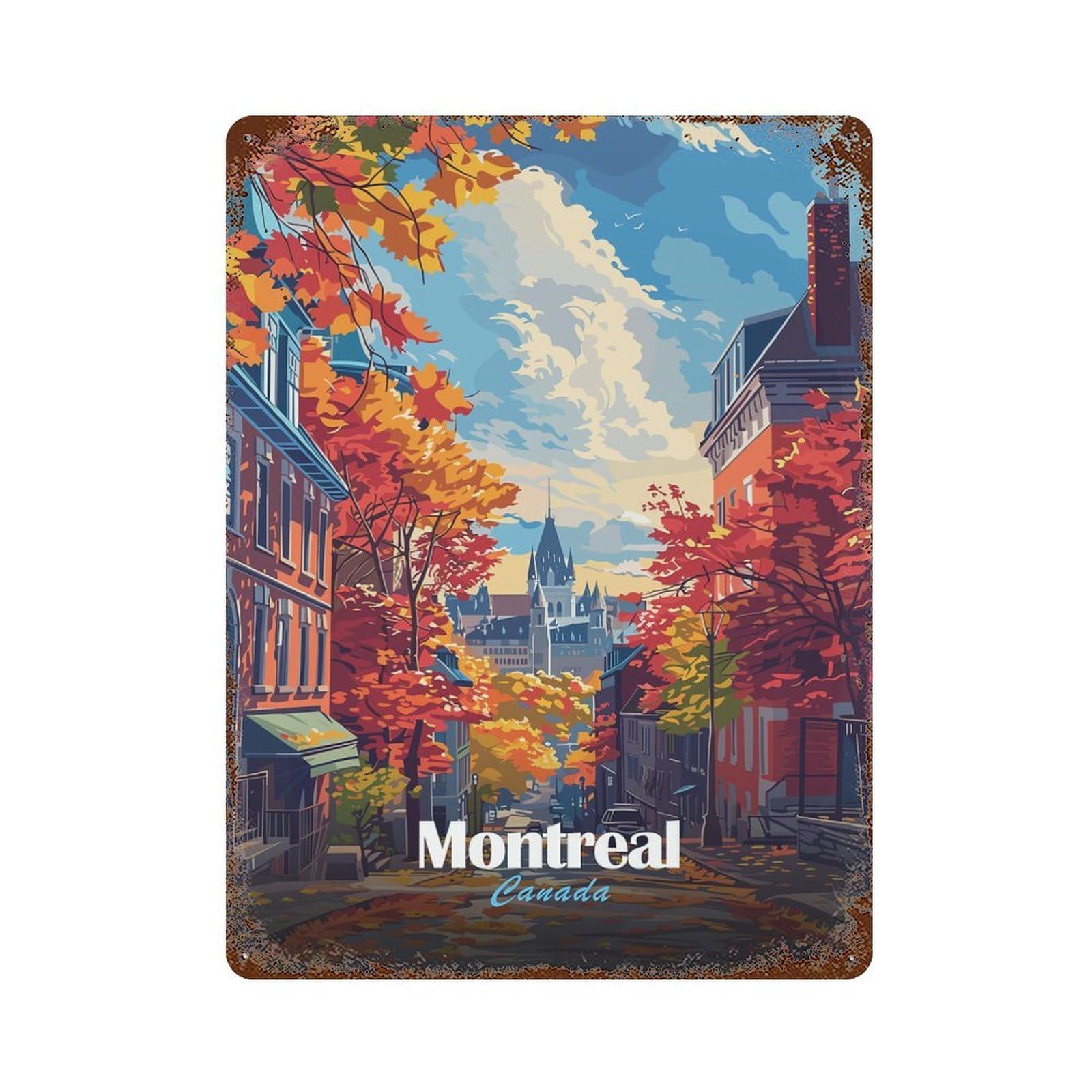 Rust Effect Montreal Canada Autumn Cityscape Decorative Tin Sign 15.7"x11.8", Vintage Wall Decor for Farmhouse, Kitchen And Entryway Decor