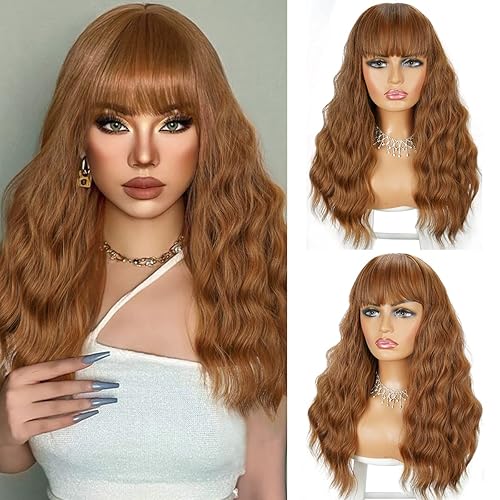Pelucas marrones, peluca larga marrón con flequillo, pelucas de cabello largo y rizado ondulado para mujer, fibra sintética resistente al calor,