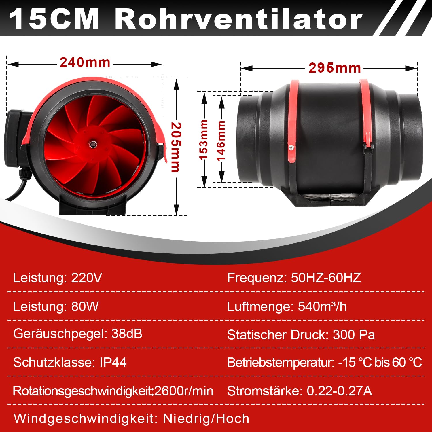 Wentylator rurowy z pilotem zdalnego sterowania, 150 mm, 2-biegowy, 540 m³/h, wentylator łazienkowy, do kuchni, łazienki, szklarni