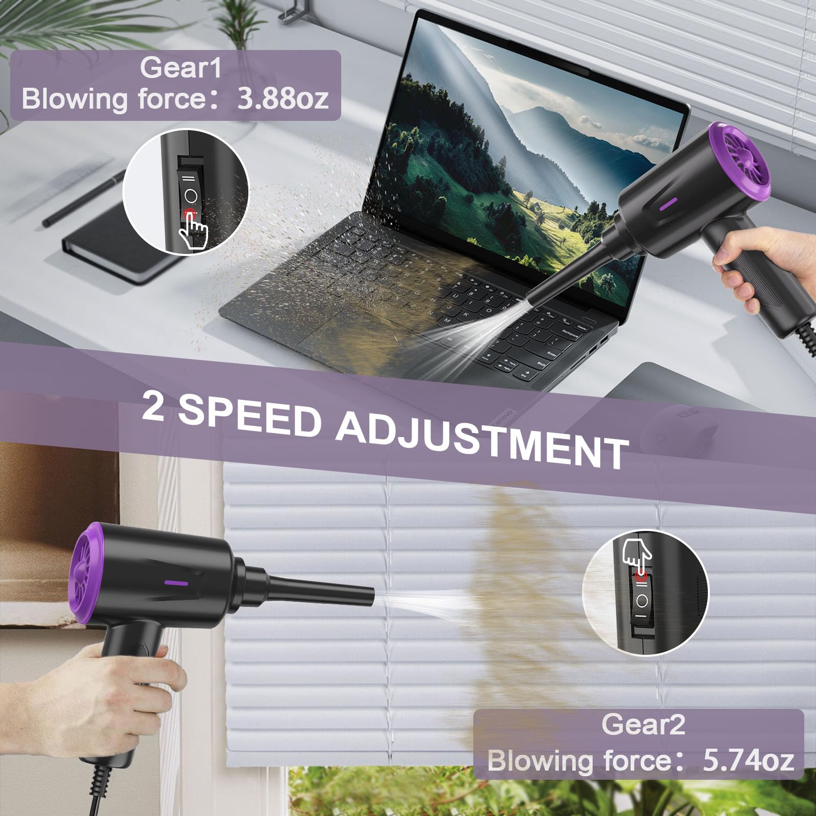 Meudeen Air Duster - Aire comprimido - Limpieza de alta potencia de 5.5 onzas para computadora - PC - Soplador de aire de 2 engranajes (negro morado)