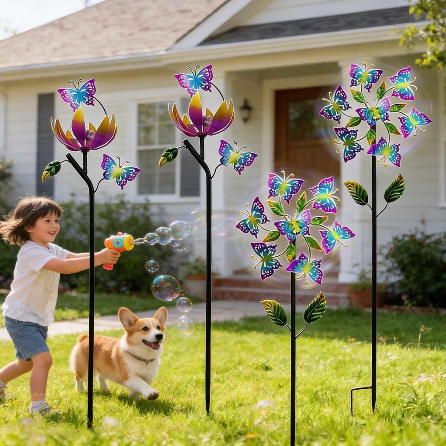 Butterfly Garden Wind Spinners, 46 inch/117cm Large Wind Spinner 3D Wind Sculptures, Windspinners for Yard, Garden, Lawn Decor,A+B（4Packs）