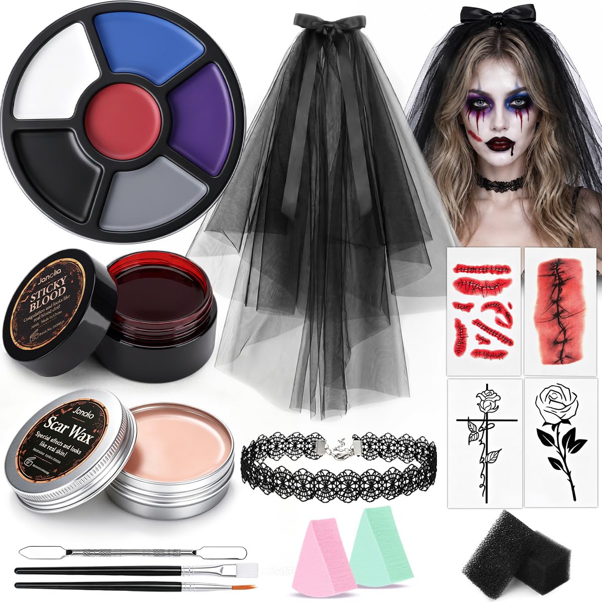 Janolia Halloween Schminke Set, Horror Braut Halloween Make Up mit Gesichtsfarbe, Kunstblut, Narbenwachs, Schleier, Spitzenkragen für Zombiebraut Vampirbraut Geisterbraut Clown Braut Cosplay Karneval