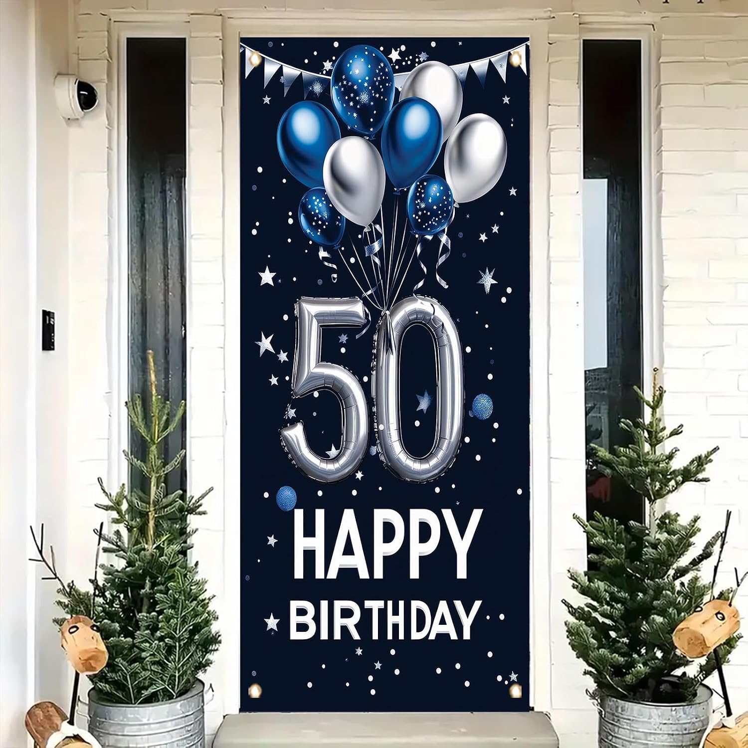 50th Birthday Door Cover Decoration 71 x 35 Inch Large Blue and Silver Balloon Banner for Fiftieth Birthday Party Supplies Happy 50 Years Old Photo Booth Backdrop Wall Decor for Men Women