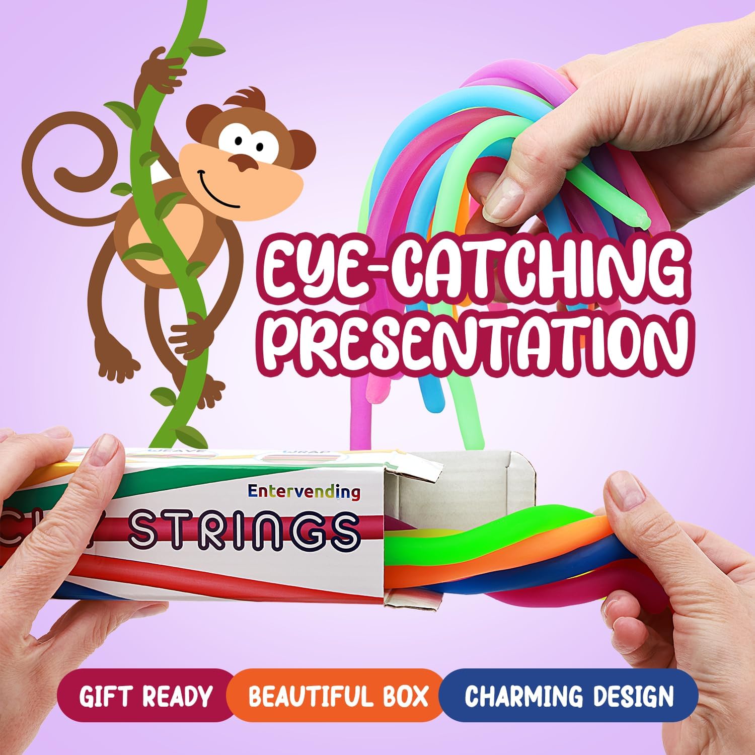 Entervending Monkey Noodles - Fidget Stretchy Sensory Toys for Kids and Toddlers - 12 pcs - Autism Sensory Products - Premium Stretchy String - Party Favors for Kids - Treasure Box Toys for Classroom
