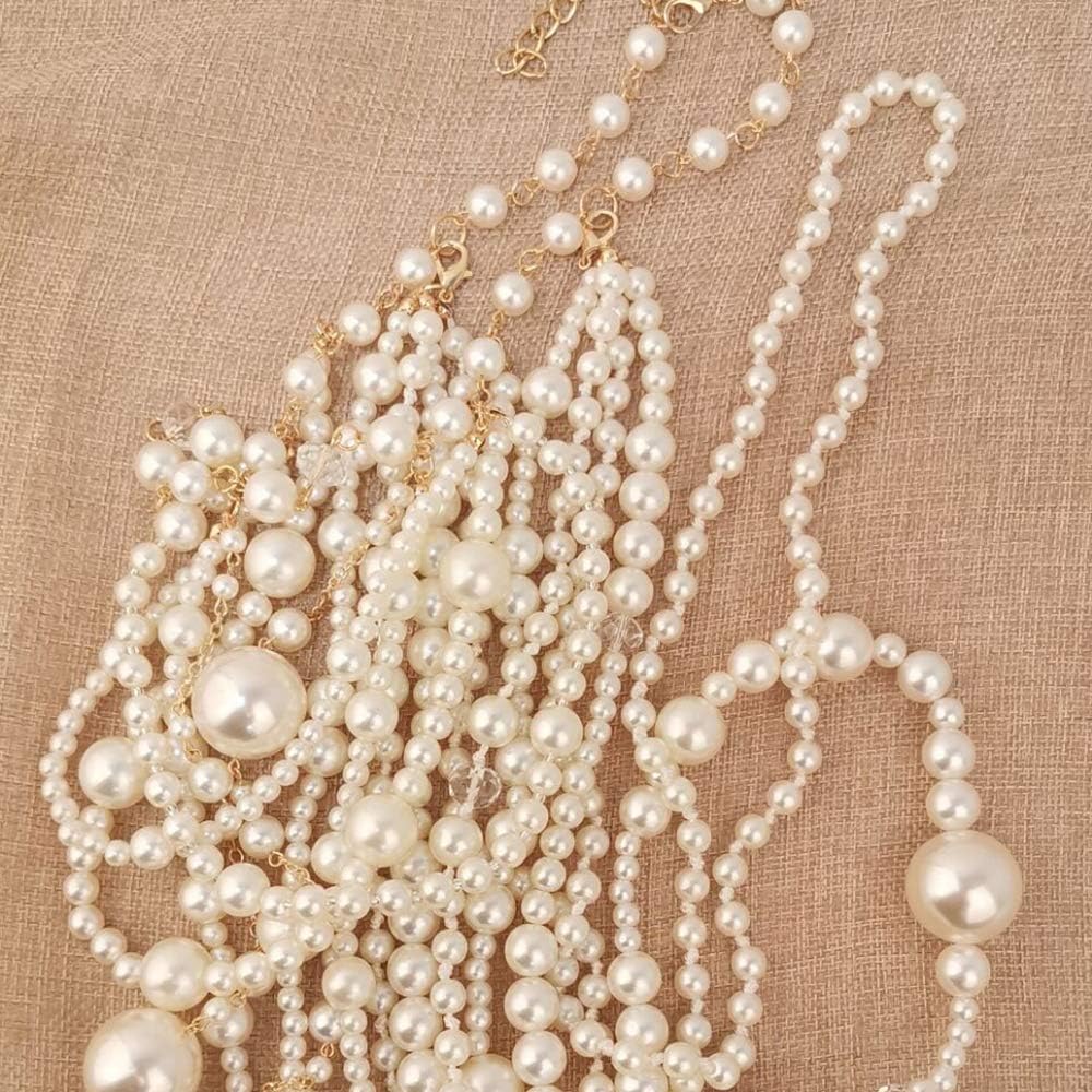 Multilayer Strand Chain Faux Pearls Flapper Beads Cluster Long Choker Necklace