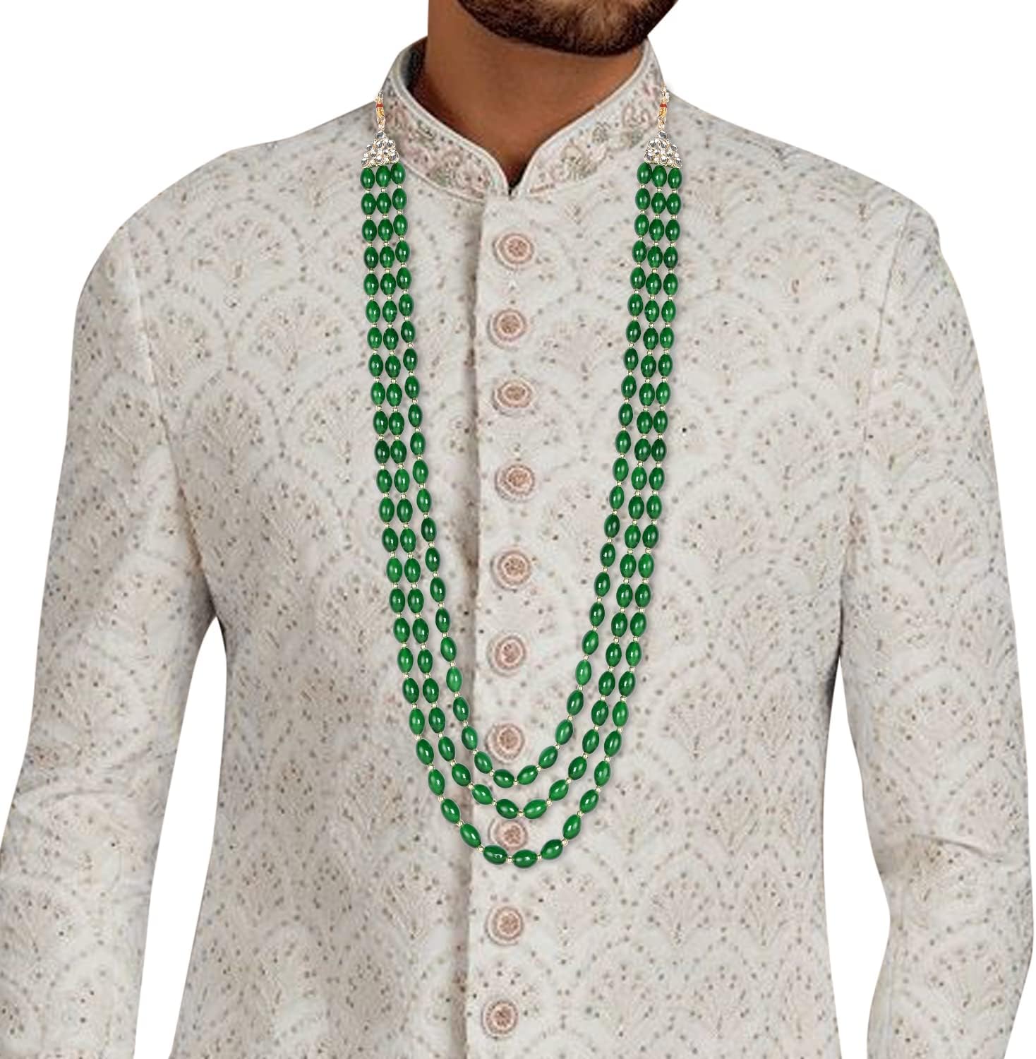 I Jewels Indian Wedding Bollywood 3 Layered Gold Plated Dulha Moti Mala Long Groom Necklace/Mala For Men