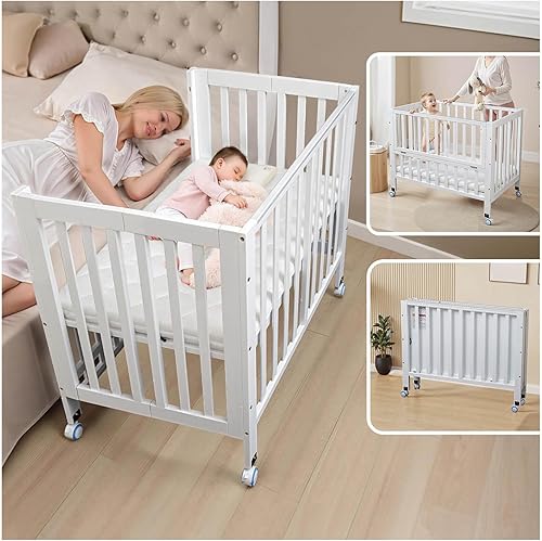 Cuna de bebé plegable de madera junto a la cama - Cuna portátil 4 en 1 con colchón transpirable, cuna de 3 alturas con ruedas, cuna mini para recién