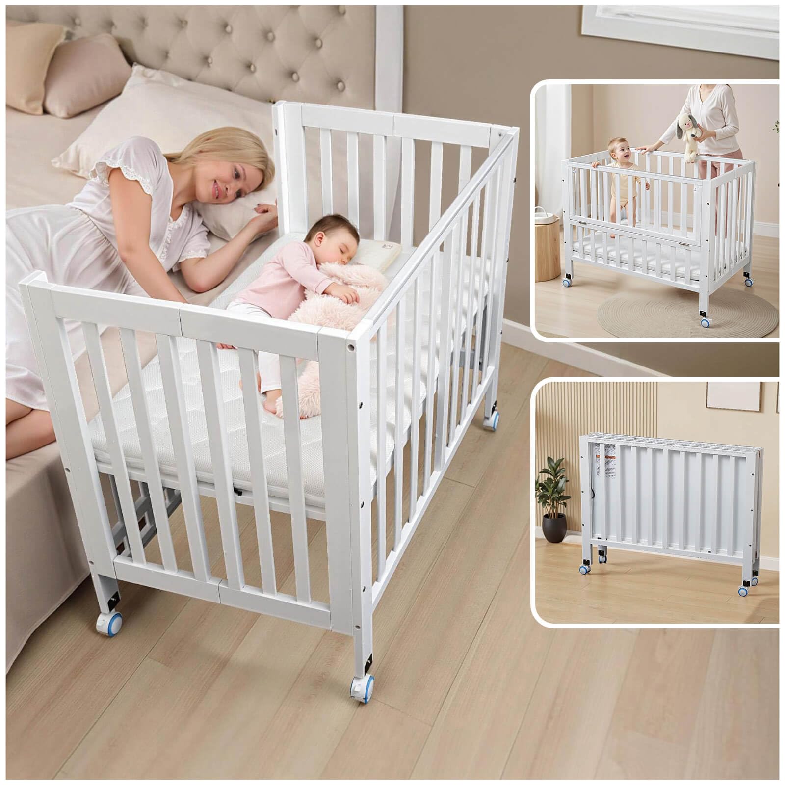Flwrgirl Folding Wood Bedside Bassinet - Portable 4-in-1 Baby Bassinet with Breathable Mattress,3 Heights Baby Crib with Wheels,Mini Crib for Infant