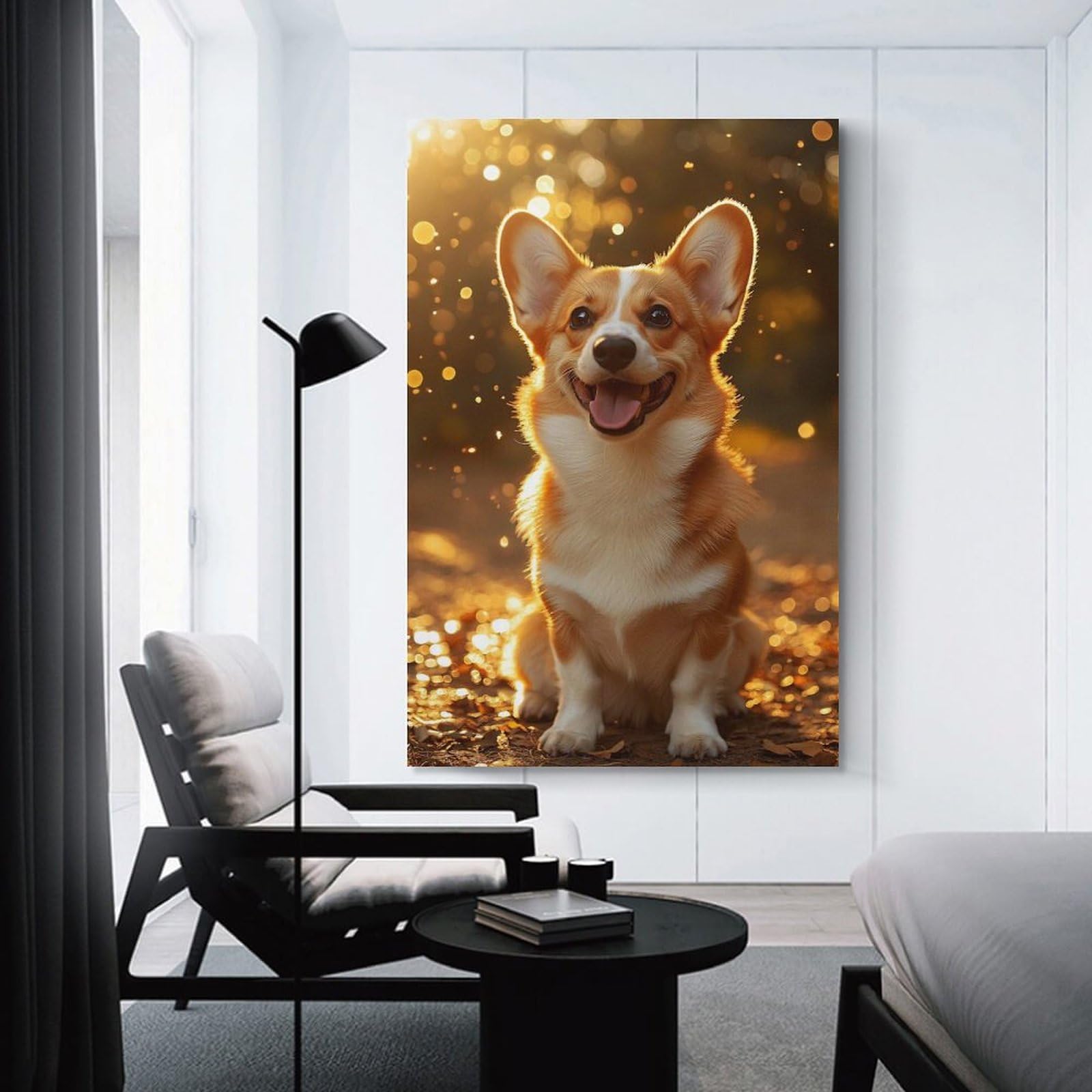 Junmoney Canvas Wall Art Happy Corgi in Golden Light, 24x36inch(60x90cm), for Living Room, Bedroom, Office Or Hallway, Decorative Artwork with Broad Appeal