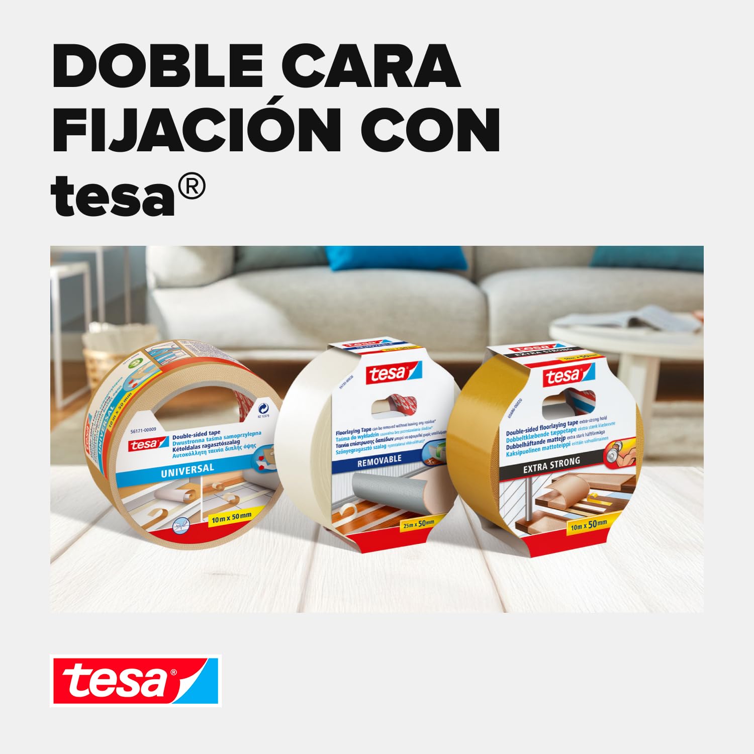 tesa Cinta adhesiva de doble cara de fijación para suelos irregulares – Rollo autoadhesivo antideslizante para moqueta y revestimientos de suelo de PVC – 10 m x 50 mm, lote de 6