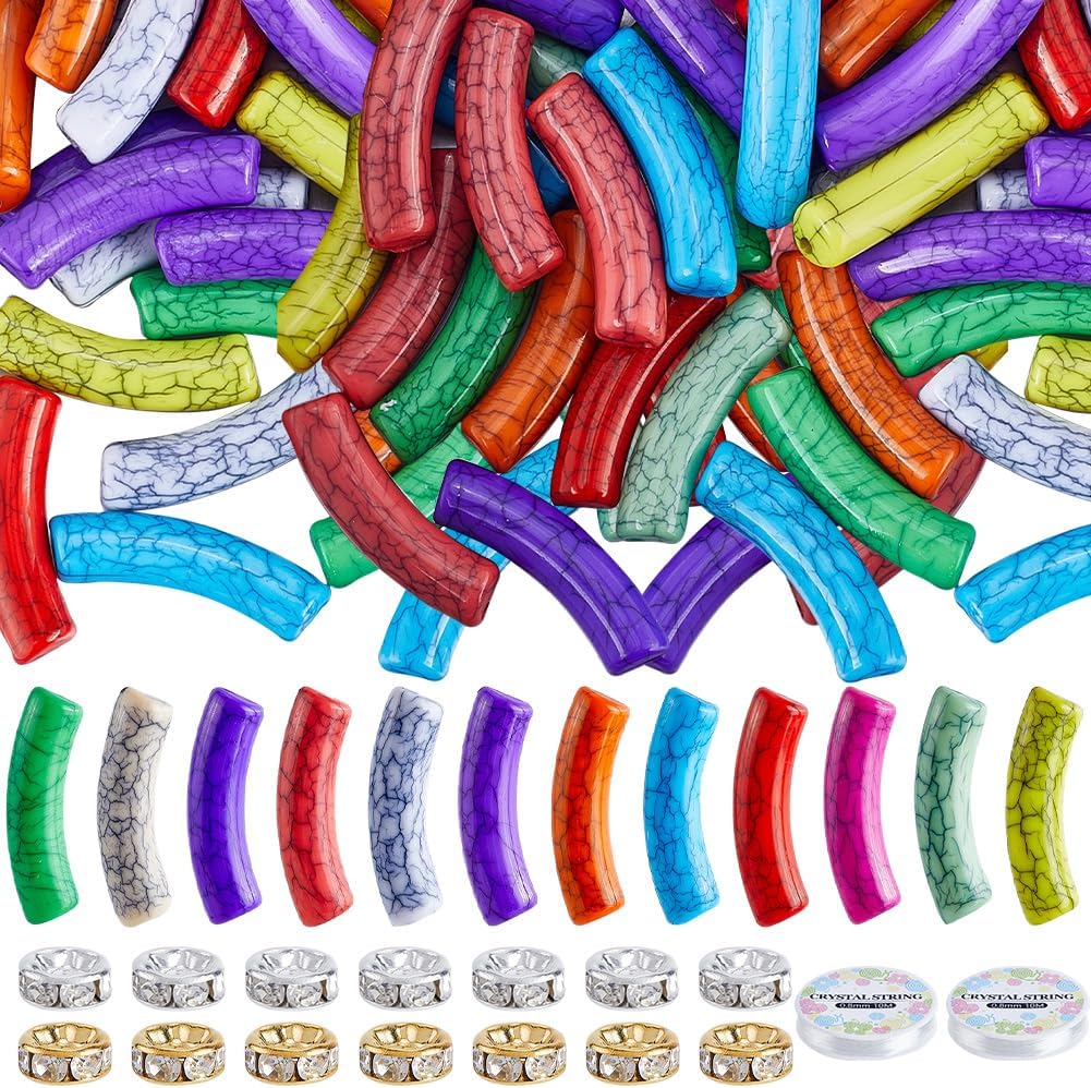 240Pcs Bamboo Tube Beads Acrylic Tube Bead with 2 Rolls Thread Opaque Colorful Noodle Brass Rhinestone Curved Loose Spacer Bead Kit for Jewelry Making Bracelets Necklaces Lanyard DIY Crafts
