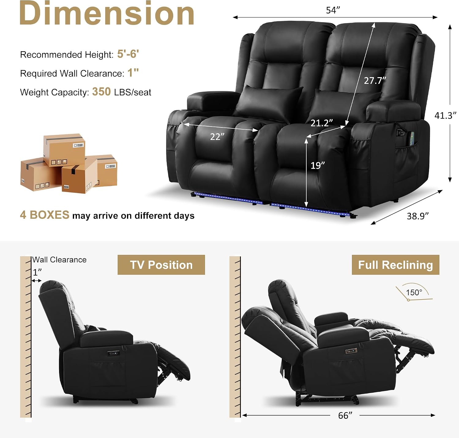 URRED Power Loveseat Recliner Sofa with Massage and Heat, Wall Hugger Reclining Loveseat, RV Couch Home Theater Seating with LED Lights for Living Room (Black, 54" - 2 Seats) thumbnail