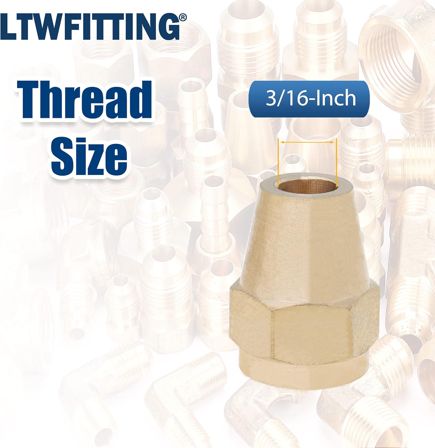 LTWFITTING Assortment Kit Tube OD 3/16, 1/4, 5/16, 3/8, 1/2, 5/8, 3/4-Inch Brass Short 45 Degree Flare Nut Set (Pack of 52)