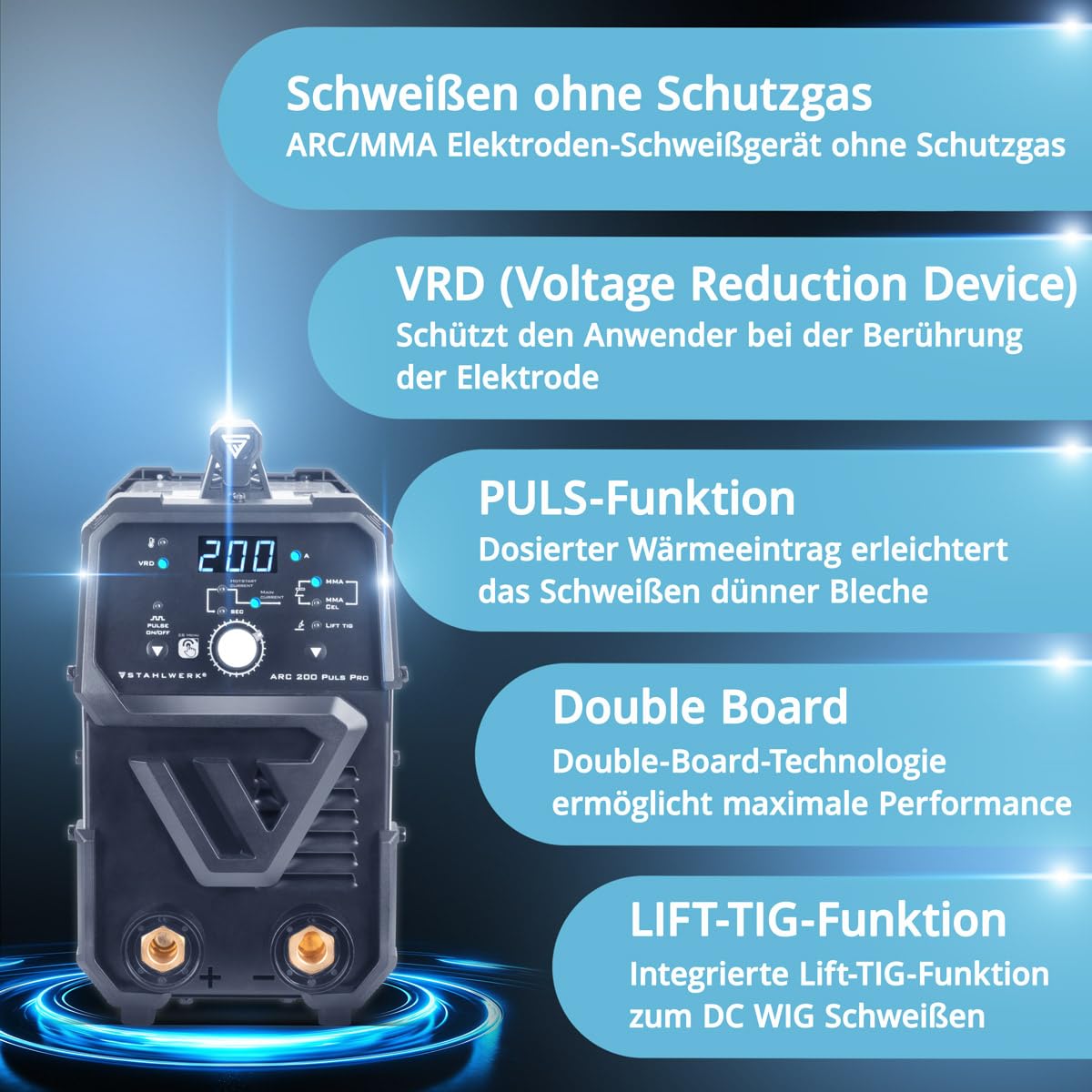 STAHLWERK Elektroden-Schweißgerät ARC 200 Puls Pro – Schweißen ohne Schutzgas, kompakter MMA, E-Hand, Lift-TIG Inverter mit 200 A, Hot Start, Arc Force, Antistick, IGBT Technologie, Pulsfunktion