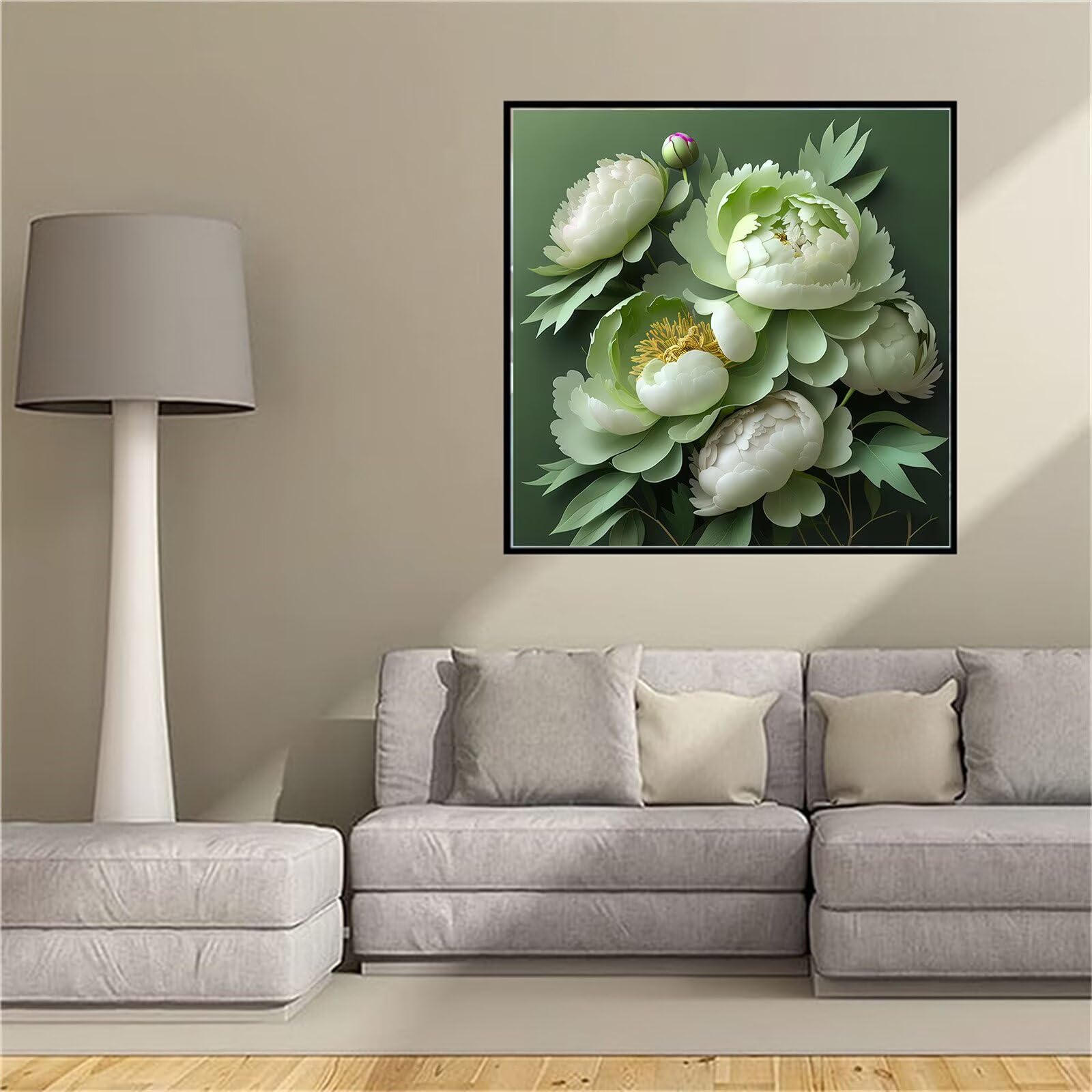 Point de Croix Facile Peinture Diamant Pivoine Verte 45x45cm Contre le Stress