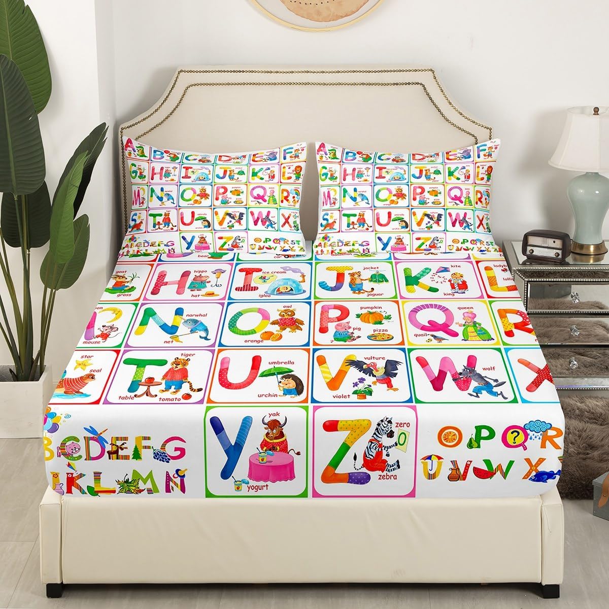 ABC Alphabet Fitted Sheet Twin, Cartoon Zoo Animal Bedding Set Educational Learning Bed Sheet Set for Kids Boys Girls Colorful Alphabet Bed Cover (1 Pillow Case and a Fitted Sheet)