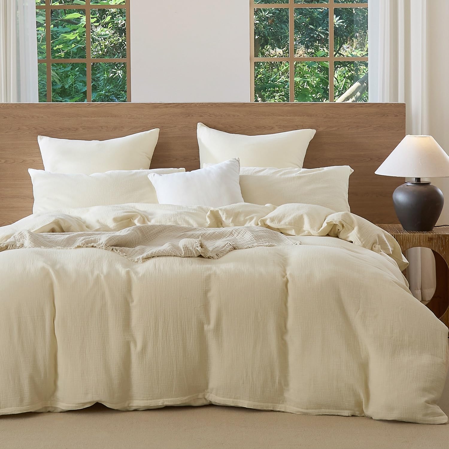 EMME Musline beddengoed 100% katoen, 200x200 dubbele zomer beddengoedset met ritssluiting, 1 set beddengoed met 2 kussenslopen 80x80 cm, Musline sprei, OEKO-TEX, lichtgrijs