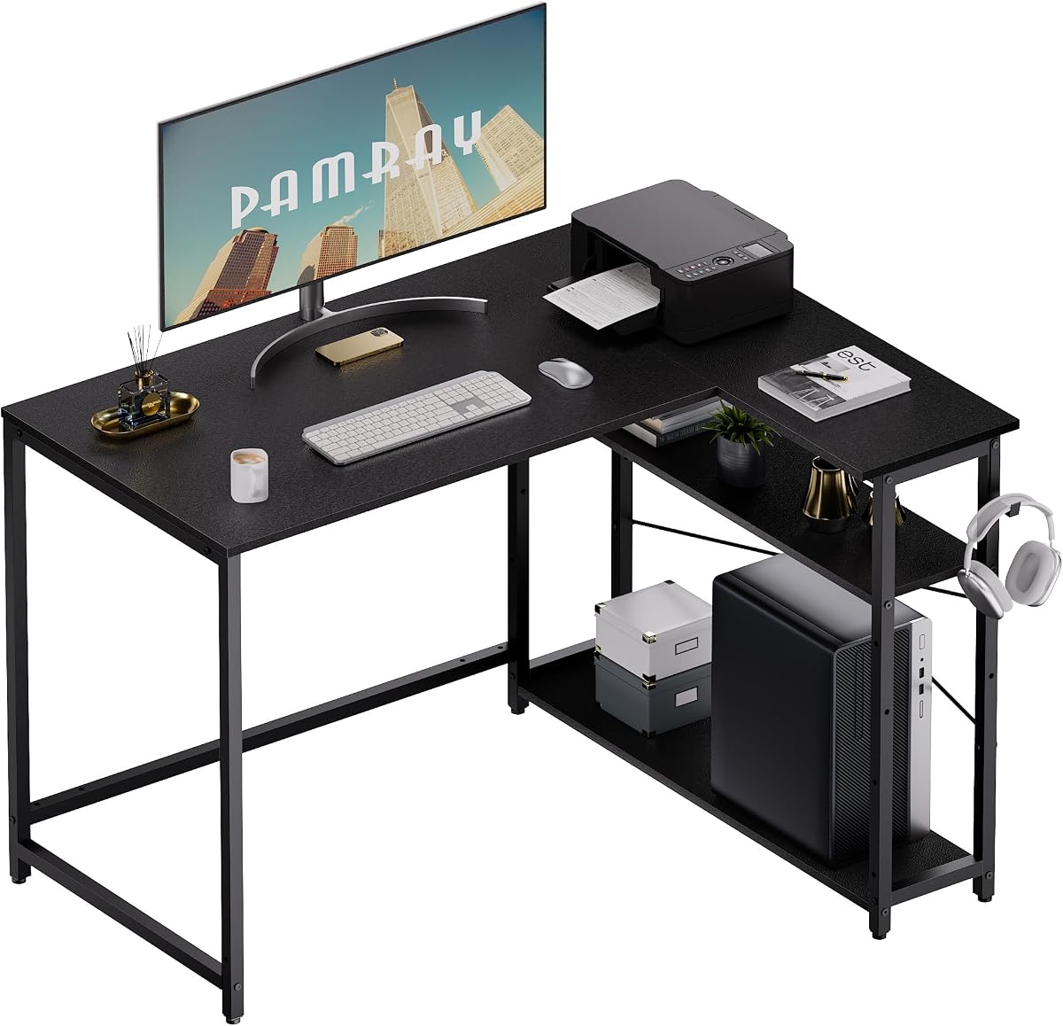 Pamray Escritorio para computadora en forma de L de 43 pulgadas con estantes de almacenamiento laterales reversibles, escritorio de esquina pequeño para espacios pequeños en el hogar, oficina, mesa de estudio para juegos, escritorio para PC para dormitorio, negro