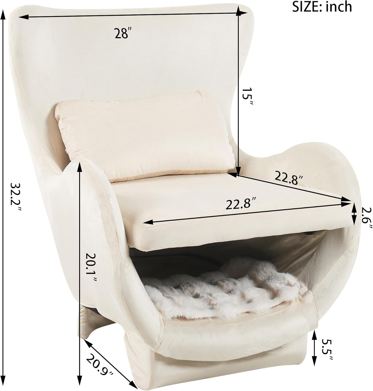 HACHIKITTY Furniture Style 2 in 1 Pet Friendly Modern Velvet Lounge Chair, Upholstered Back Accent Chair Leisure Single Sofa Chair for Living Room Office, White