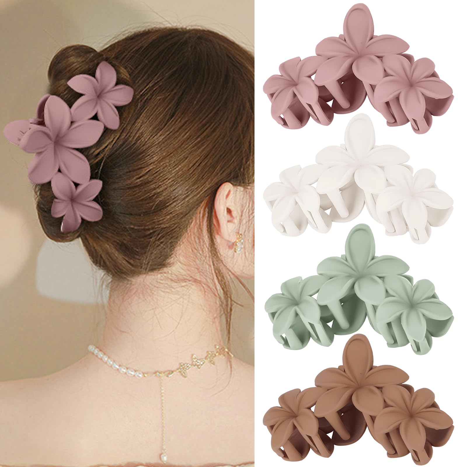 Ondder Hair Clip - Flower, 4 Pcs, 4.5 Inches, Large Matte, Claw, for Women & Girls, Thick Hair, Hair Accessories
