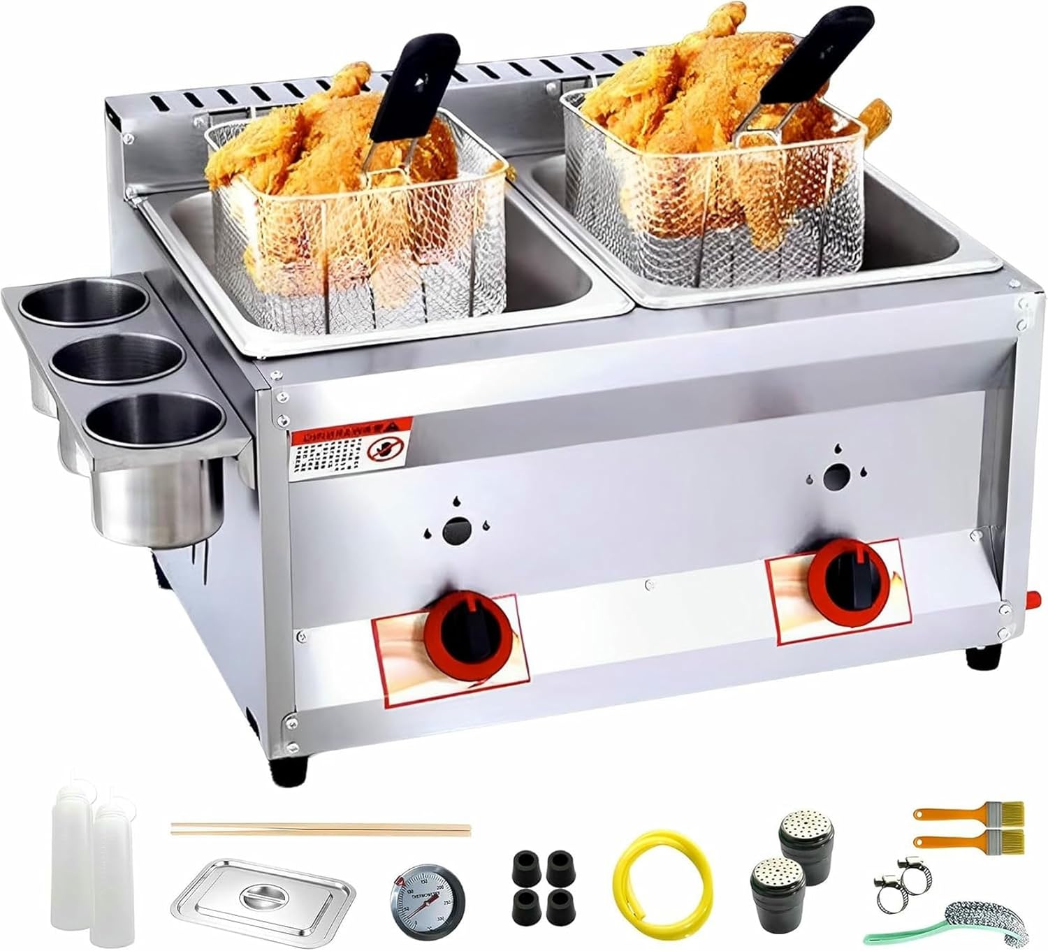 Commercial Counter top LPG Gas Deep Fat Fryer with Basket and Lid for French Fries Home Kitchen Restaurant Dual Tanks Stainless Steel Large Capacity Propane LPG with Metal Tube