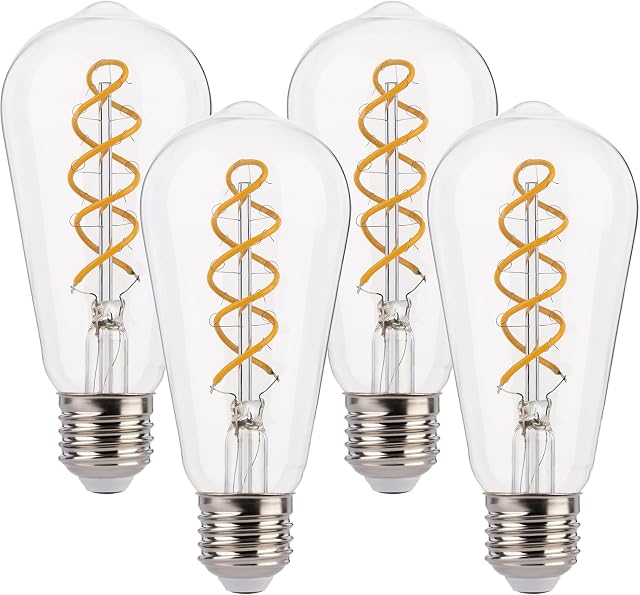 FLSNT LED Edison Bulb,ST58 Vintage Spiral Filament Light Bulb Dimmable 4W(40W Equivalent),E27 Screw Base,2200K Warm White,Clear Glass,4 Pack