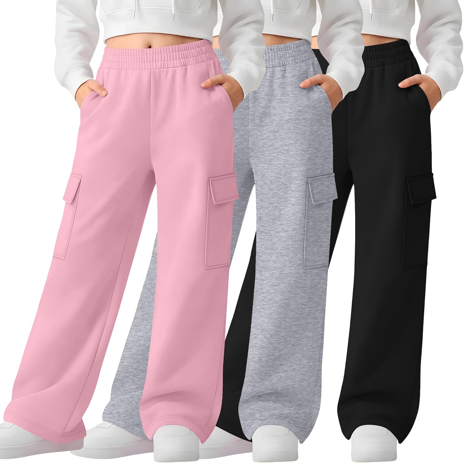 3 Pack Girl's Wide Leg Sweatpants Cargo Pants Lightweight Baggy High Waisted Jogger...