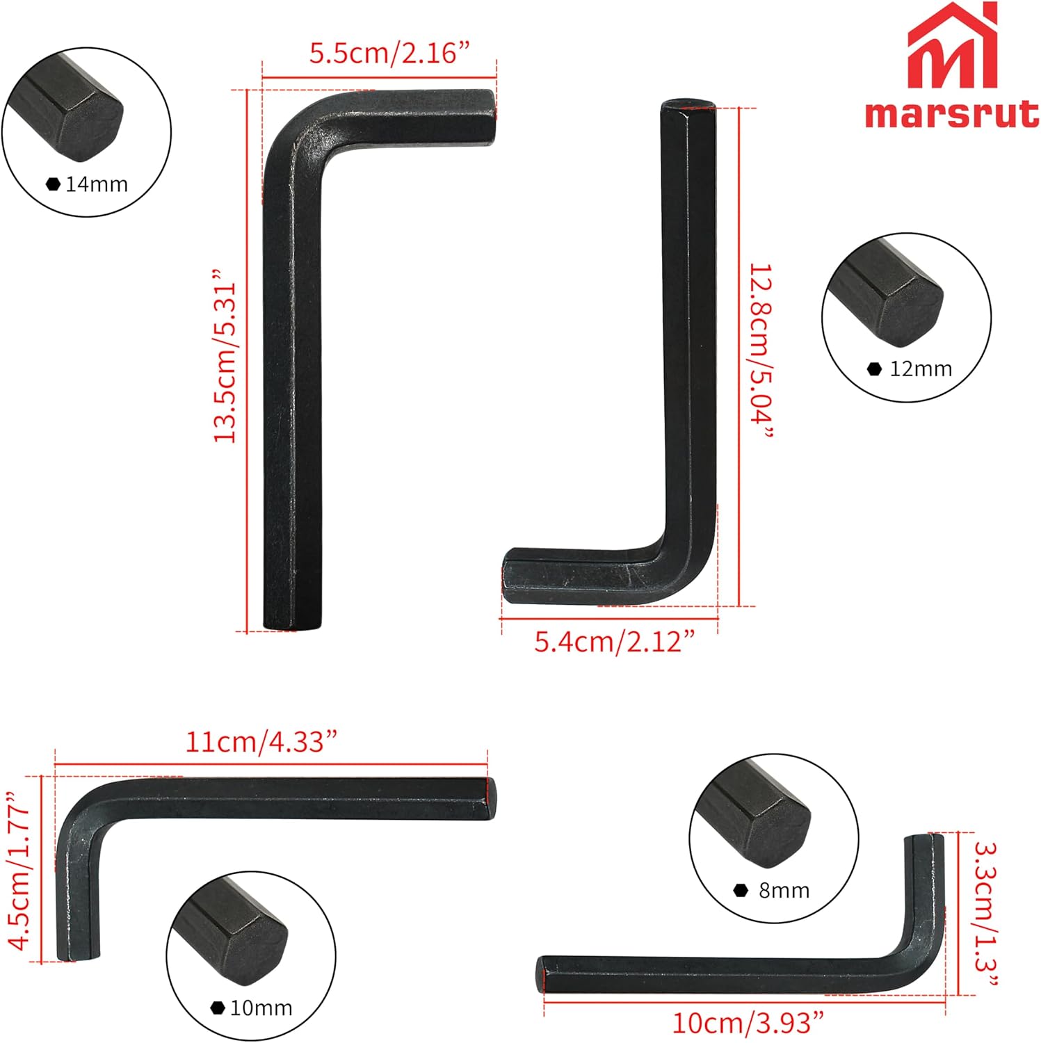 Marsrut Large Jumbo Metric Hex Key Set, Extra L-Shape Allen Wrenches 8mm 10mm 12mm 14mm 17mm 19mm Hexagon Keys, Sturdy Steel Tool, Black, for Home Repairing