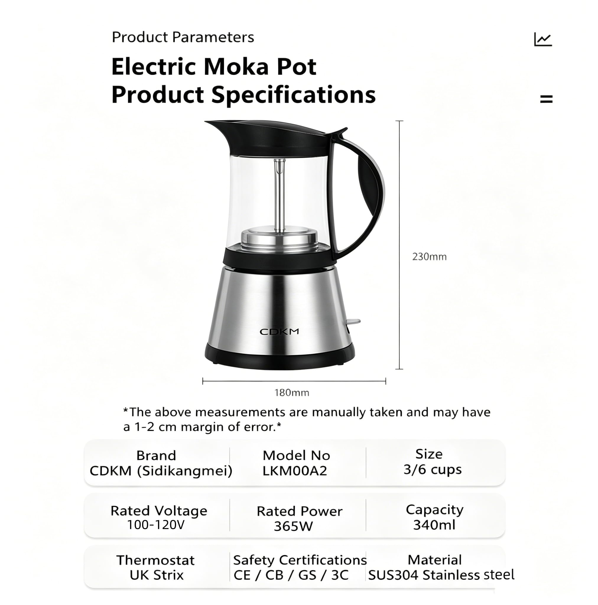 Cafetera eléctrica Moka Expresso italiana – 340 ml de vidrio borosilicato, termostato STRIX, válvula de seguridad de cobre italiano – 3/6 tazas – Fácil y segura