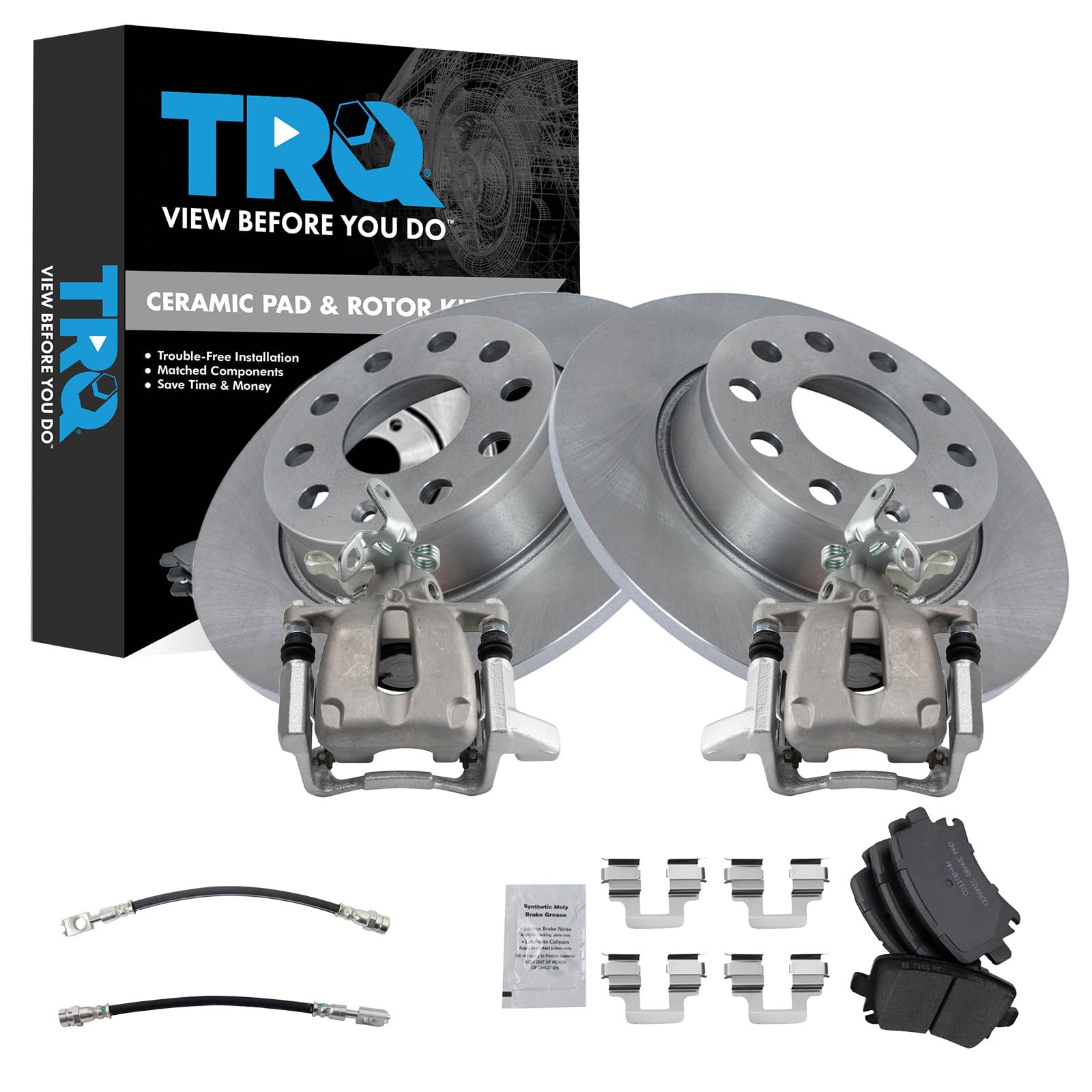TRQ Rear Brake Pad and Rotor Set Ceramic Rotors Calipers Compatible with 2010 Volkswagen Golf 2010 Jetta