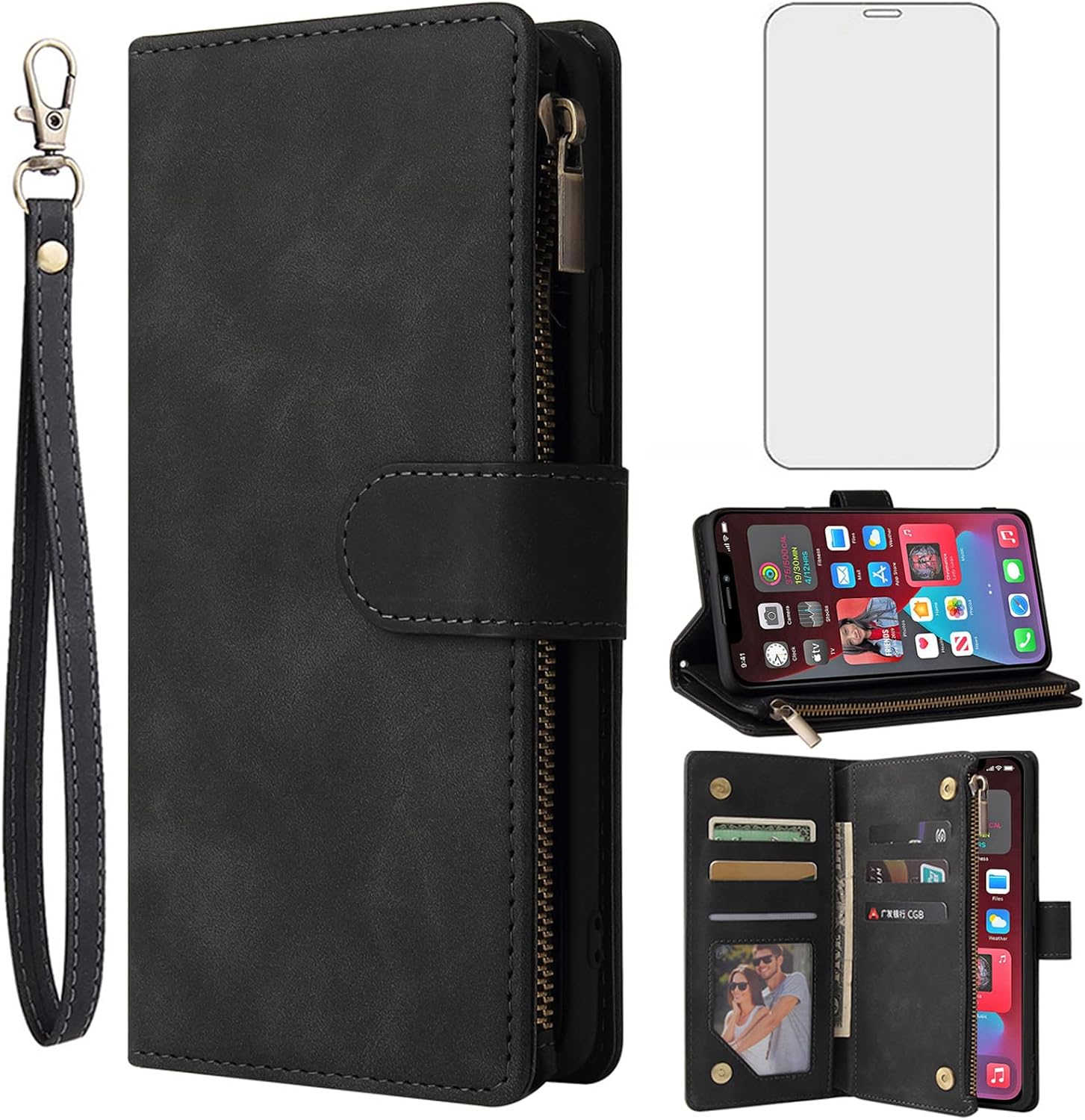 Asuwish Compatible with iPhone 11 Pro Max 6.5 Wallet Case Tempered Glass Screen Protector and Leather Flip Cover Card Holder Stand Cell Phone Cases for iPhone11 11pro Promax i XI Plus Women Men Black