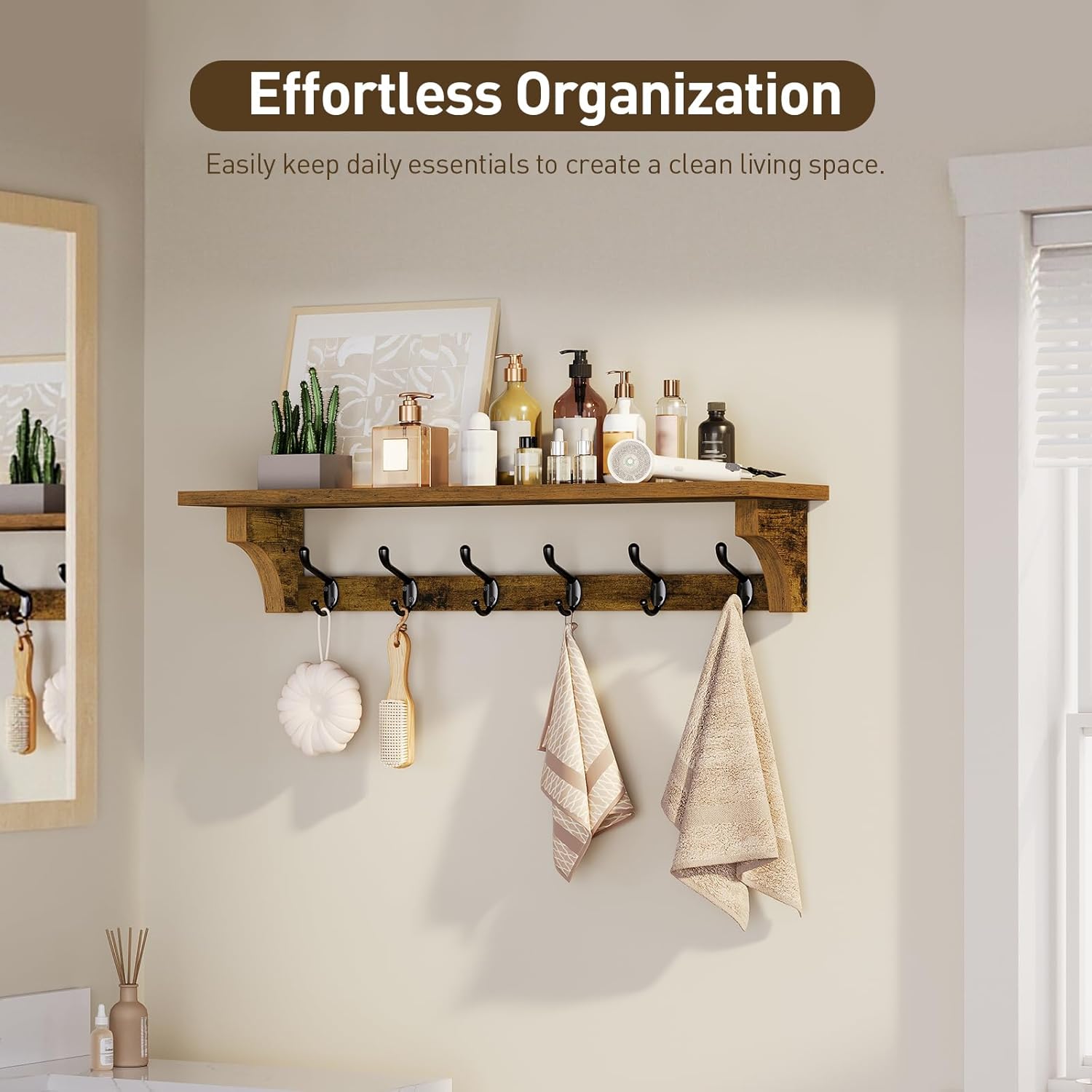 Coat Rack Wall Mount Shelf, 29" Long Entryway Shelf with 6 Hooks, Coat Hangers for Living Room, Farmhouse Wooden Wall Floating Shelves for Bathroom, Bedroom, Kitchen, Rustic Brown 7401BJBF