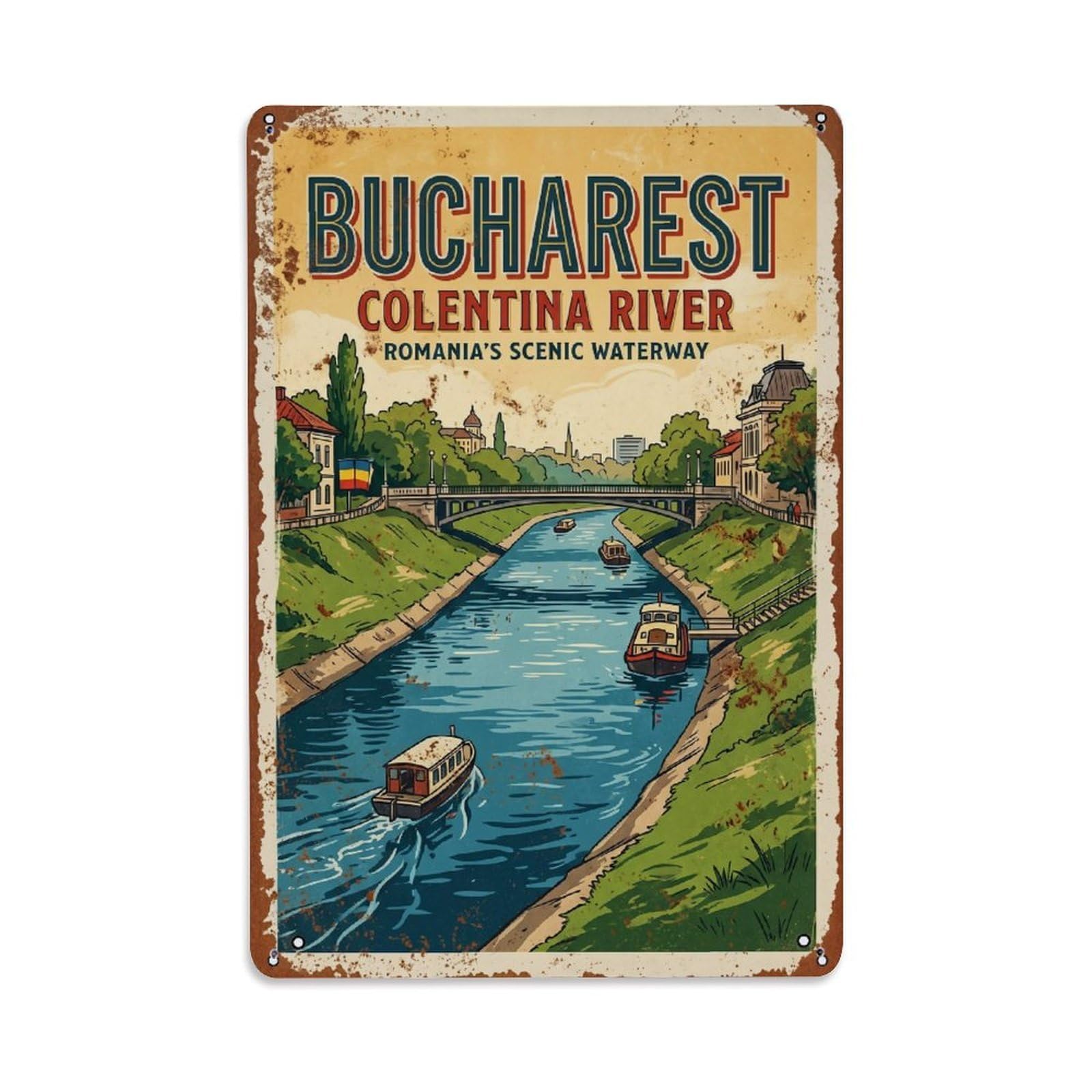 Vintage Travel Bucharest Colentina River Waterway Romania Metal Tin Sign Plaque Wall Decor for Cafe, Club Bar, Office, Home Garden Metal Poster 8x12Inch