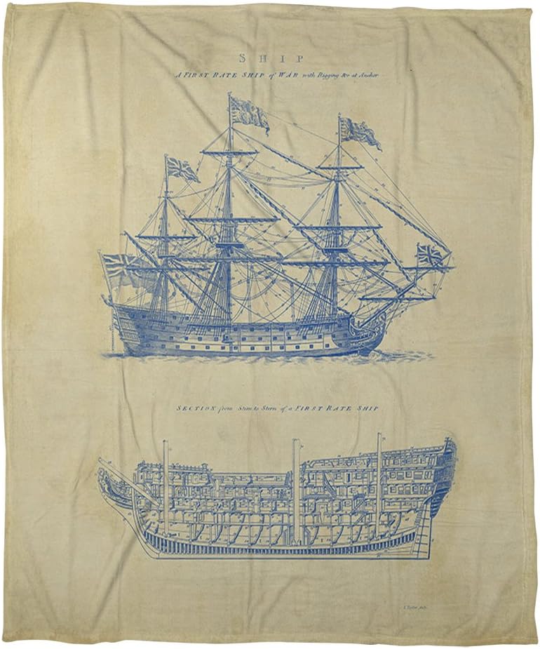 Manual Woodworkers & Weavers Coral Fleece Throw, 60 by 80-Inch, Vintage Ship Blueprint