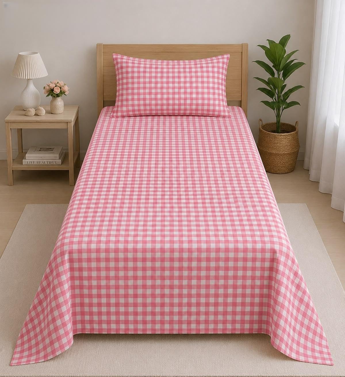 300 TC Cotton Bedsheet with Pillow Covers | Soft Premium Flat & Fitted Bedsheet | Single Double King Size Bed Sheet | Breathable Cotton (Pink Check, S Flat)-image-25