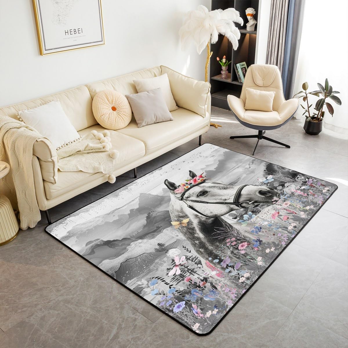 Feelyou Girls Horse Area Rug 3x5 for Women Farmhouse Horses Rose Decorative Carpet Horse Lover Room Decorative Pink Floral Print Rugs for Living Room Bedroom Floor Mat Western Horseshoe Accent Rug Mat