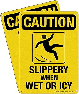 Caution Sign, Slippery When Wet or Icy Sign, (2 Pack) 10 x 7 Inches 0.40 Reflective Aluminum, UV Protected, Weather Resistant, Durable Ink, Easy to Mount