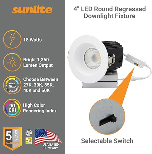 Miniatura 3 de Sunlite 41901 - Lámpara LED redonda retrocedida de 4 pulgadas, 18 vatios, 1360 lúmenes, sin lata, color seleccionable 27K30K35K40K50K, 90 CRI,