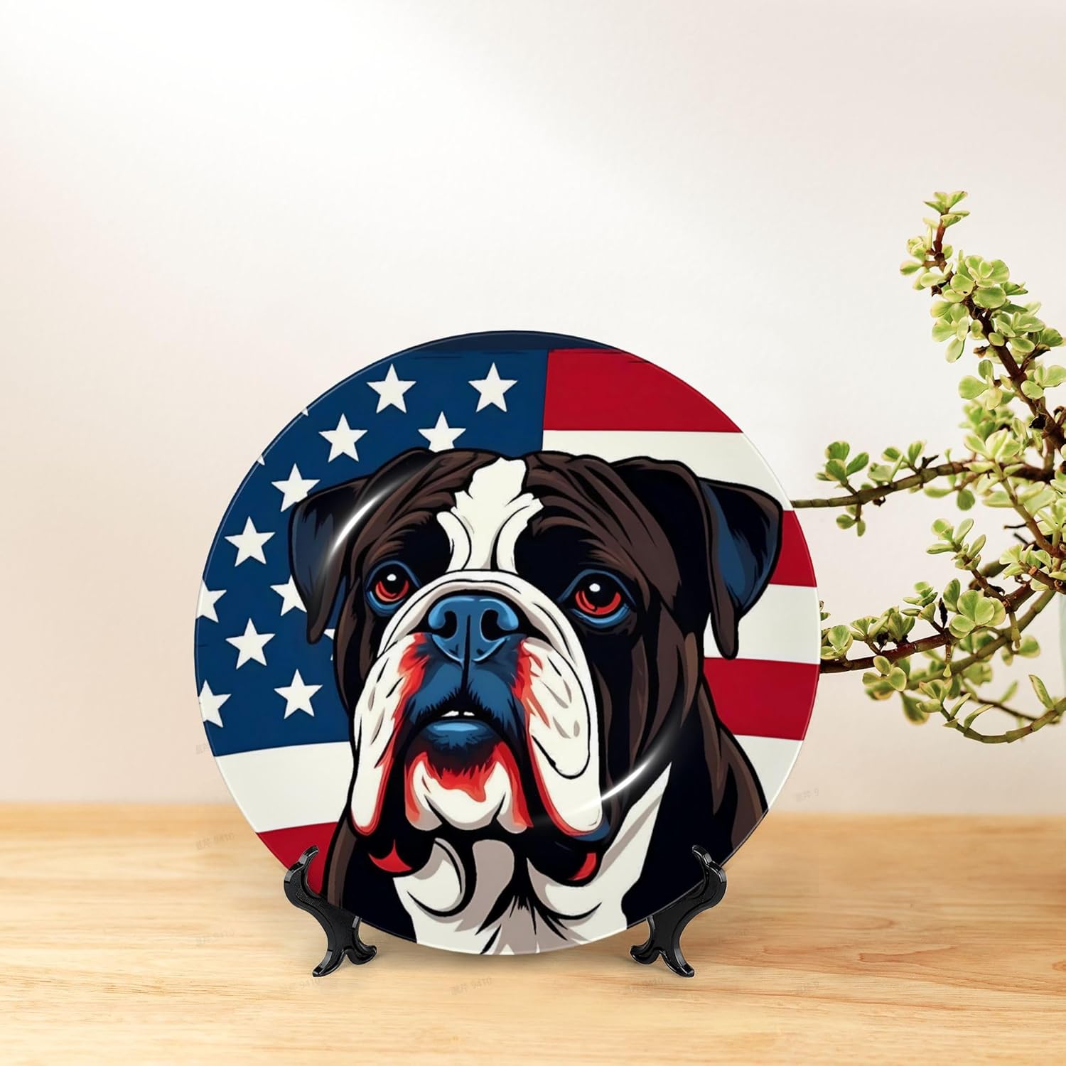 Decorative Plate Ceramic Plate for Wall Hanging 10in Accent Plate for Office Living Room Hallway Table Decor - Patriotic Bulldog Art