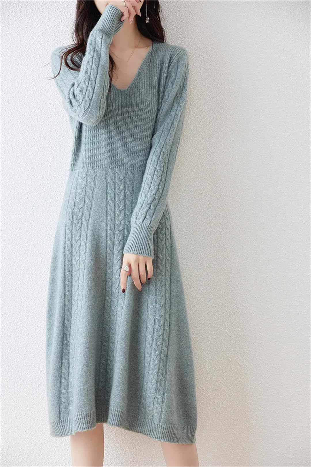 Maglione da donna in lana ispessito vestito pieghettato fiori tinta unita maglioni lunghi