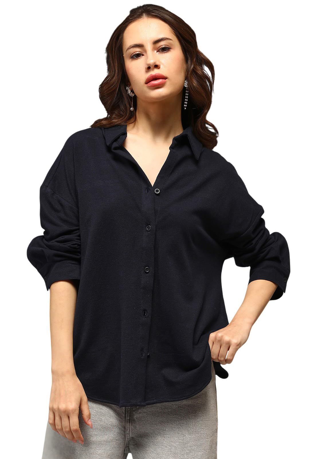 pinacolada Women's Midnight Blue Solid Oversized Shirt for Casual Wear | Spread Collar | Long Sleeves | Button Closure | Oversized Shirt Designed with Comfortable Fit for Woman & Girls-picture-24