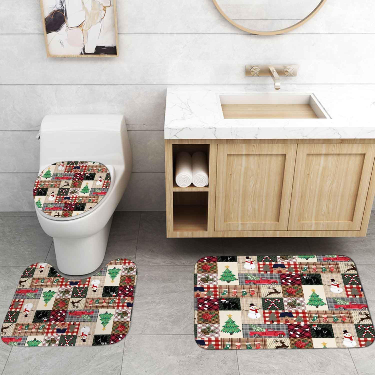 4PCS Christmas Shower Curtain Sets with Rugs, Waterproof Fabric Shower Curtain, Patchwork Beige Red Plaid Xmas Tree Poinsettia Snowman Bear Deer Truck Stocking Winter New Year Bathroom Decor