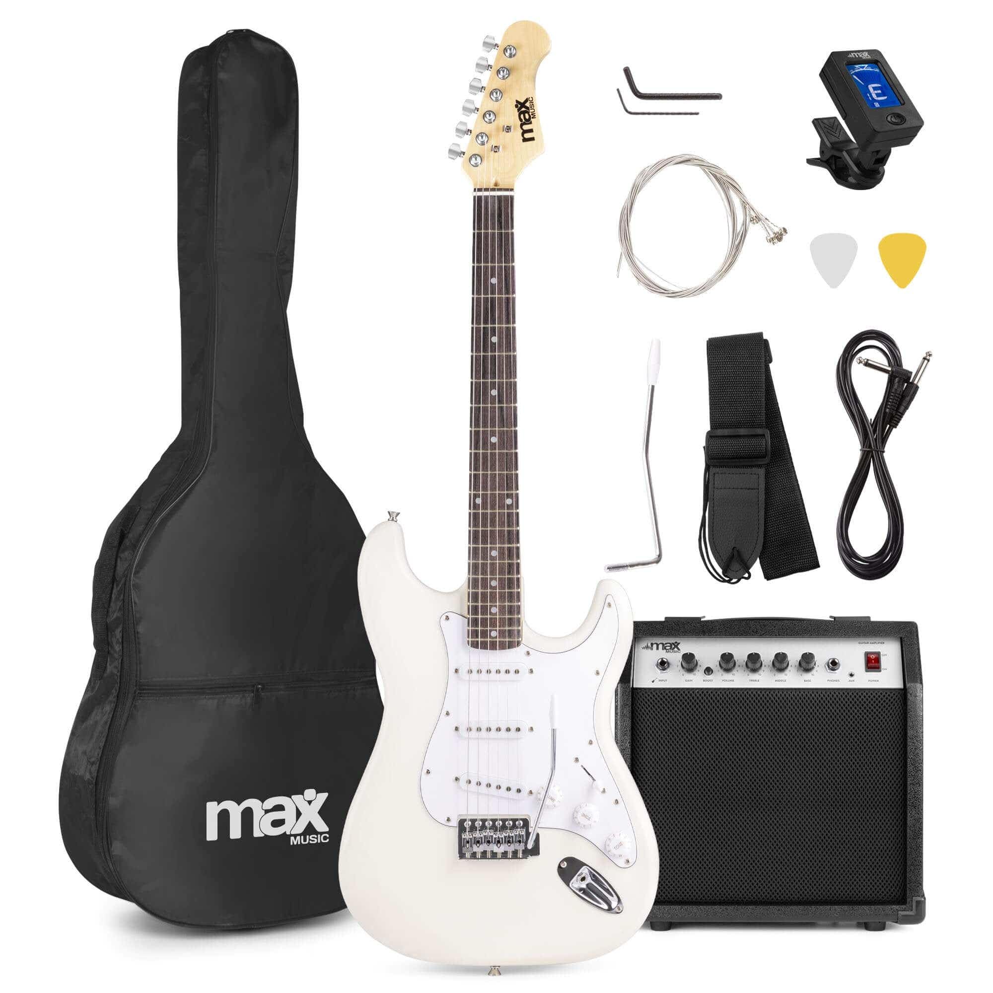 Beginner Electric Guitar & 40W Amp Package - Max GIGKIT White Complete S-Style Starter Set with Accessories, AUX Input, Headphone Output & Free Lessons Included White Standard Kit