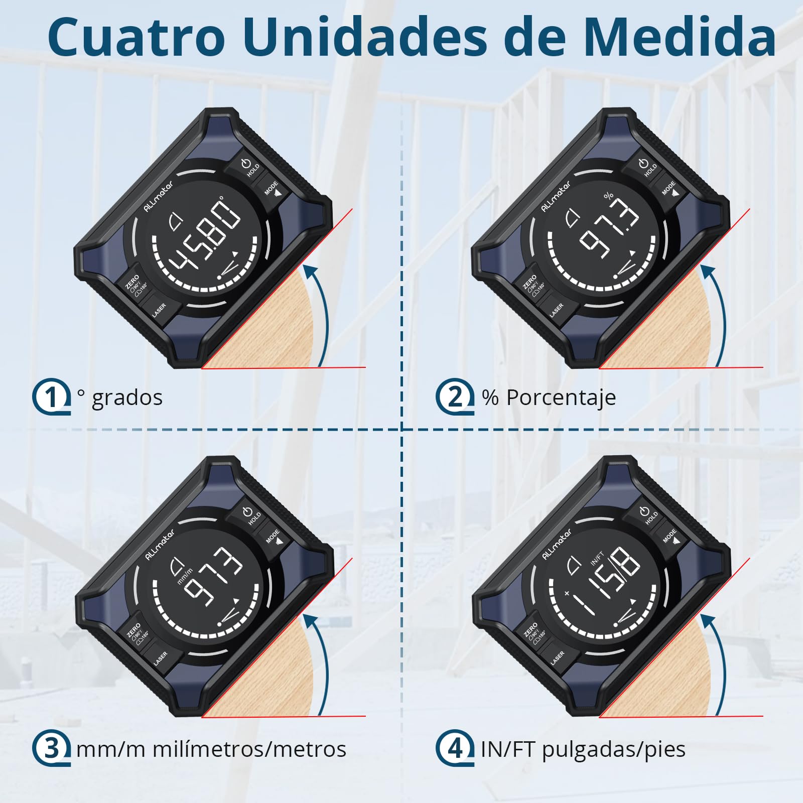 Inclinómetro Digital 3-en-1 con Doble Línea Láser Roja, Precisión ±0,1°/0,2° y Base Magnética, Medidor de Ángulos Recargable 4×90° y 2×180° Para Carpintería, Paredes y Bricolaje